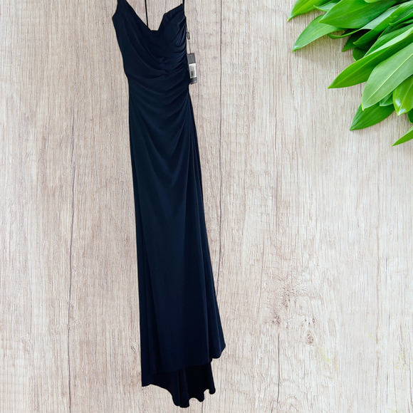 NWT La Femme Navy Gown High Slit Jersey Ruched Dress 6 MSRP $349 - Picture 5 of 10